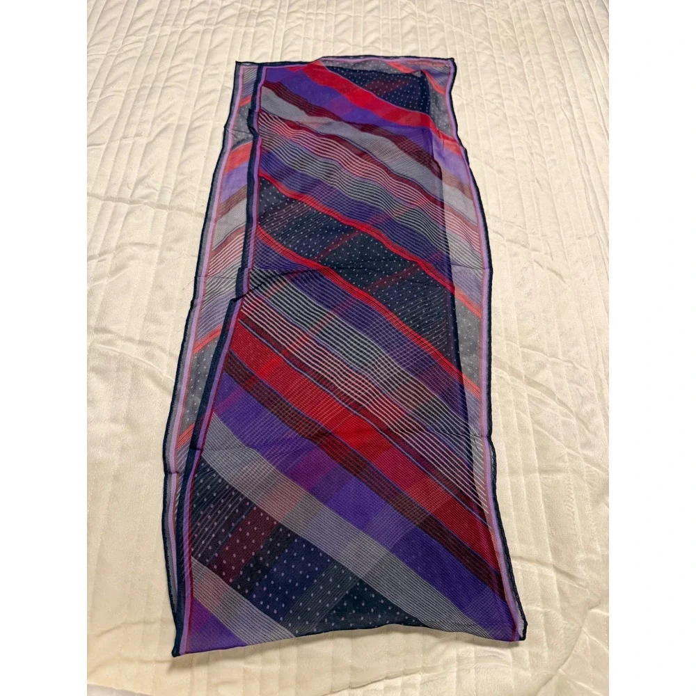 Jones New York Scarf Purple Red Navy Blue Striped Polka Dot Sheer Oblong Scarf